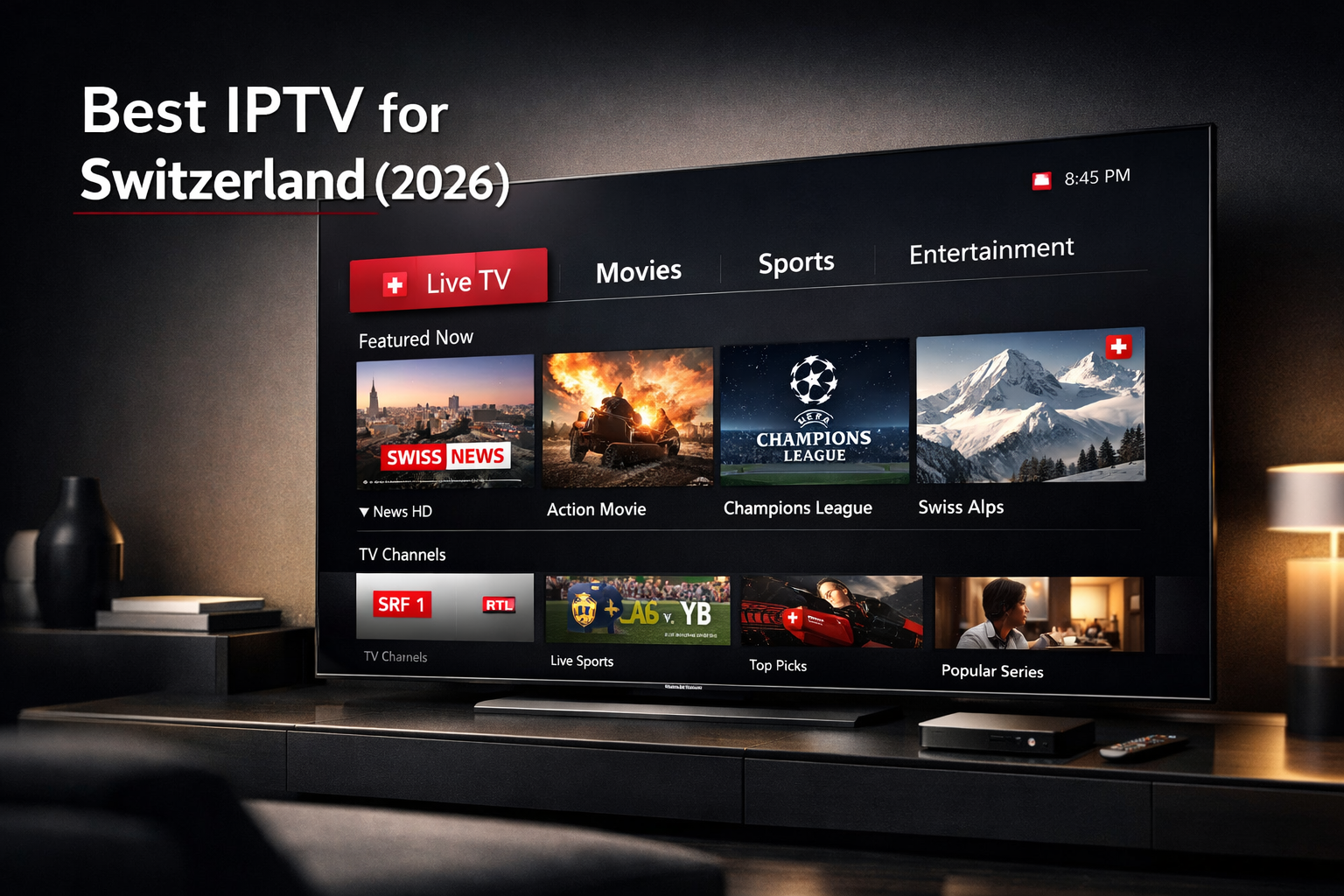Best IPTV for Switzerland 2026 featured image showing a premium TV streaming setup with Swiss-inspired red accents
